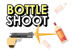 Ruka držící pistoli míří na láhev s nápisem Bottle Shoot
