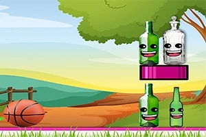 Bottle Shooter Lahve s obličeji na barevném pozadí s košíkovým míčem a stromy