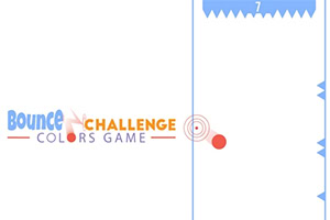 Minimalistická bílá obrazovka s nápisem Bounce Colors Challenge, modrými hroty, číslem 7 a červenou kuličkou u kruhového terče