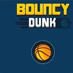 Název Bouncy Dunk na modrém pozadí s oranžovým basketbalovým míčem