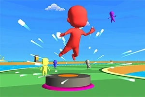 Barevné postavičky skáčou na trampolíně v animovaném venkovním prostředí