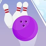 Fialová bowlingová koule míří na tři bílé kuželky s červenými proužky na dráze