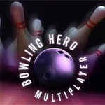 Bowlingová koule s nápisem Bowling Hero Multiplayer obklopená padajícími kuželkami