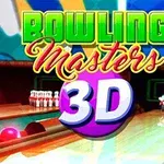 Barevný nápis „Bowling Masters 3D“ s bowlingovou drahou a kuželkami v pozadí
