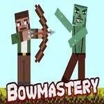 Postava se lukem míří na zeleného tvora, vedle stojí pochodeň a v popředí je nápis Bowmastery