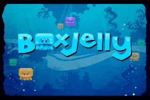 Název BoxJelly na modrém podmořském pozadí s malými barevnými medúzami kolem