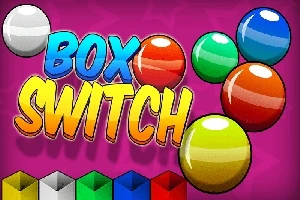Barevné koule na růžovém pozadí s nápisem BOX SWITCH a řadou barevných krychlí dole