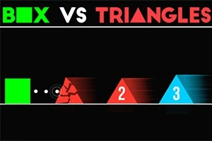 Zelený čtverec bojuje s červenými a modrými trojúhelníky na černém pozadí s textem BOX VS TRIANGLES