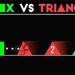 Zelený čtverec bojuje s červenými a modrými trojúhelníky na černém pozadí s textem BOX VS TRIANGLES