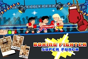 Pikselovaní boxeři v ringu s diváky na pozadí a nápisem Boxing Fighter Super Punch