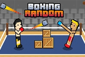 Dva pixeloví boxeři na ringu s dřevěnými krabicemi a nápisem Boxing Random