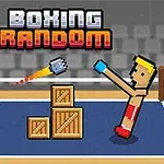 Dva pixeloví boxeři na ringu s dřevěnými krabicemi a nápisem Boxing Random