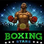 Muž ve vítězné póze s boxerskými rukavicemi a páskem, kolem něj siluety davu a nápis BOXING STARS