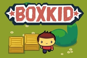 Postavička s červeným tričkem stojí vedle dřevěných beden na zeleném pozadí s nápisem BOXKID nahoře