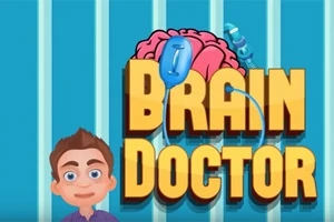 Modrý pruhovaný pozadí s veselým kresleným chlapcem, nápisem Brain Doctor a obrázkem mozku s lékařským vybavením