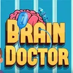 Modrý pruhovaný pozadí s veselým kresleným chlapcem, nápisem Brain Doctor a obrázkem mozku s lékařským vybavením
