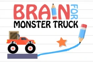 Červené monster truck na plošině, modrá čára tažená tužkou a oranžová hvězda na bílém pozadí s textem nad obrázkem