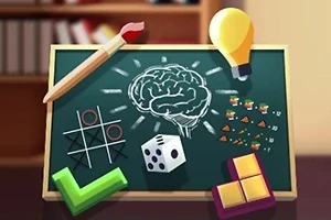 Křída kreslené mozku na tabuli s žárovkou, kostkou, piškvorkami a tetrisovými tvary