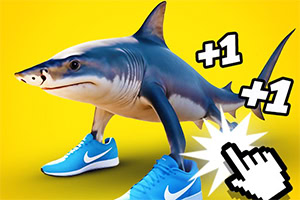 Žralok s nohama obutými v modrých teniskách Nike stojí na žlutém pozadí s ukazatelem ruky a symboly +1