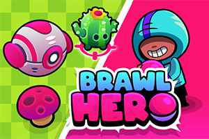 Barevná ilustrace s kreslenou postavou v modré bundě, růžovou houbou a kruhovým robotem na zeleném a růžovém pozadí s nápisem Brawl Hero