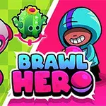 Barevná ilustrace s kreslenou postavou v modré bundě, růžovou houbou a kruhovým robotem na zeleném a růžovém pozadí s nápisem Brawl Hero