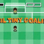Dva kreslení fotbalisté stojí na zeleném hřišti s textem Brazil Tiny Goalie v popředí