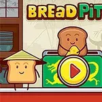 Kreslený krajíc chleba se dvěma toasty v kloboucích, velké tlačítko pro přehrání a nápis Bread Pit 2