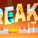 Nápis BREAK IT na oranžovém pozadí s několika trojúhelníkovými a obdélníkovými prvky