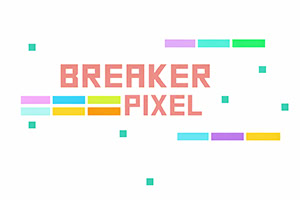Nápis „BREAKER PIXEL uprostřed na bílém pozadí, obklopený barevnými bloky a malými pixelovými čtverečky