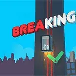 Obrázek zobrazuje výtah na stěně budovy s kreslenými postavičkami uvnitř, nápis BREAKING FALL a pozadí města na modré obloze