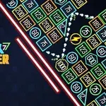 Neonová hra se vzory číslovaných bloků a textem BRICK BREAKER Endless na tmavém pozadí