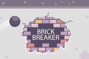 Koule narážející do zdi z pastelově barevných cihel s nápisem BRICK BREAKER uprostřed
