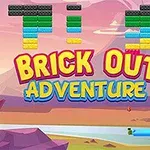 Barevná krajina s bloky různých barev, textem Brick Out Adventure a pádlem nad říční hladinou v poušti