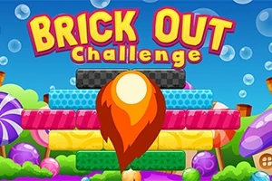 Barevné bloky s nápisem Brick Out Challenge a oranžovým plamenem v popředí, obklopené bonbóny na modrém pozadí s bublinkami