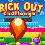 Barevné bloky s nápisem Brick Out Challenge a oranžovým plamenem v popředí, obklopené bonbóny na modrém pozadí s bublinkami