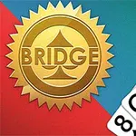 Zlatý znak s nápisem BRIDGE vedle vějíře karetních listů obsahujících osmičku, dámu, eso, kluka a krále různé barvy, na červeno-zeleném pozadí