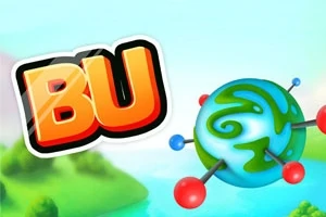 Logo s oranžovými písmeny BU a stylizovanou planetou s barevnými menšími koulemi a abstraktním vzorem na modrozeleném pozadí
