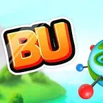Logo s oranžovými písmeny BU a stylizovanou planetou s barevnými menšími koulemi a abstraktním vzorem na modrozeleném pozadí