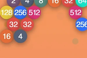 Barevné koule s čísly jako 4, 16, 32, 128, 256 a 512 na oranžovém pozadí