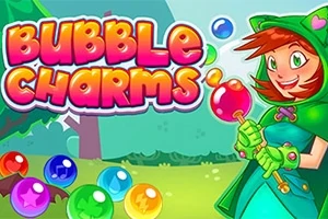 Barevná kreslená postava s červenými vlasy v zeleném oblečení drží bubliny na hravém pozadí s nápisem Bubble Charms