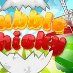 Barevný nápis „Bubble Chicky“ s vejcem a větrným mlýnem na venkovském pozadí