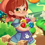 Dívka v modrých šatech drží lízátka vedle krabice plné sladkostí v kreslené krajině