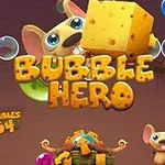 Myš s velkýma očima drží kostku sýra, obklopená modrými bublinami a nápisem Bubble Hero