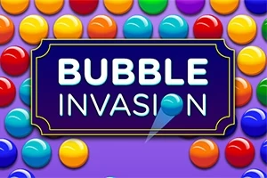 Barevné bubliny na fialovém pozadí s nápisem BUBBLE INVASION uprostřed