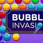 Barevné bubliny na fialovém pozadí s nápisem BUBBLE INVASION uprostřed
