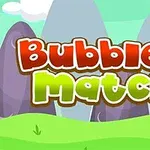 Barevný nápis Bubble Match 3 na pozadí kreslené krajiny s kopci a trávou
