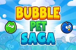 Barevný nápis BUBBLE PET SAGA obklopený kreslenými postavičkami vznášejícími se na modrém pozadí s bublinami a oblaky