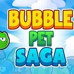 Barevný nápis BUBBLE PET SAGA obklopený kreslenými postavičkami vznášejícími se na modrém pozadí s bublinami a oblaky