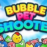 Barevná bublinková grafika s nápisem Bubble Pet Shooter obklopená roztomilými kreslenými zvířátky v bublinách na modrém pozadí