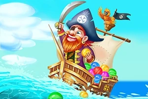 Pirátská loď s veselým pirátem a papouškem, obklopena barevnými koulemi, plující po vlnách pod modrou oblohou